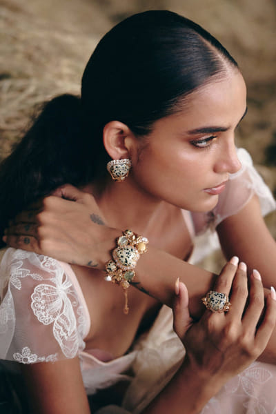 Rose gold dalmatian jasper stone handcuff