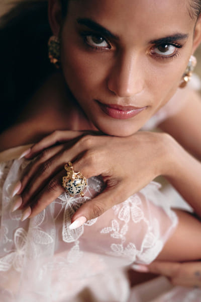 Rose gold dalmatian jasper zirconia ring