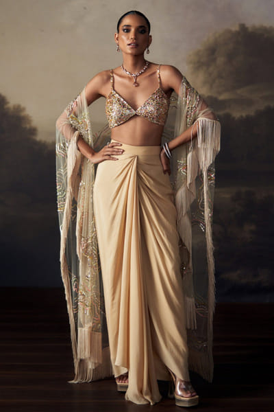 Champagne gold embroidered cape skirt set