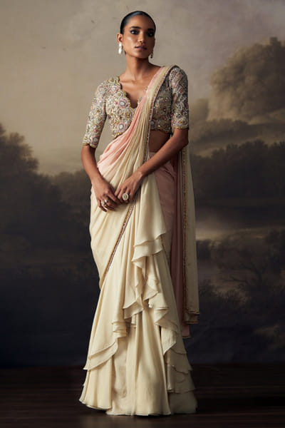 Nude and peach embroidered pre draped sari set