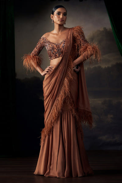 Bronze pearl embroidered pre draped sari set