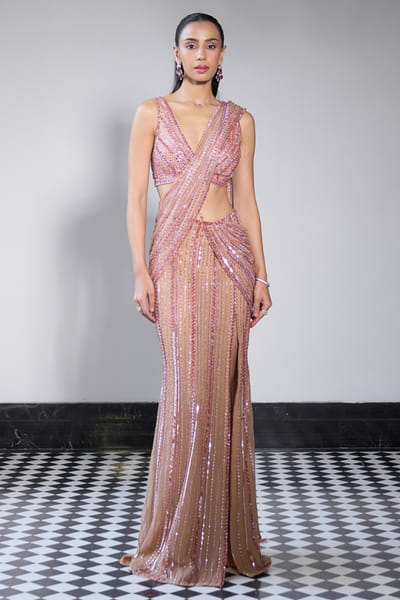 Ohaila Khan Rose gold crystal embellished drape sari set OHAIJUN26D146536