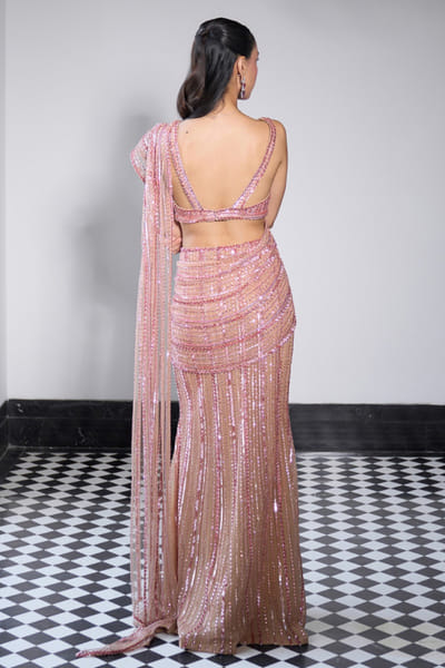 Ohaila Khan Rose gold crystal embellished drape sari set OHAIJUN26D146536