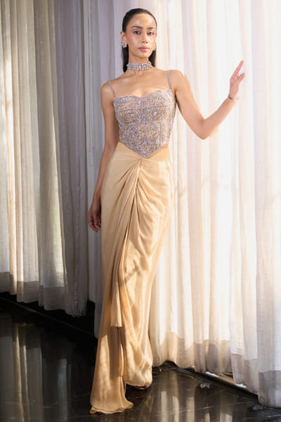 Ohaila Khan Nude crystal embellished cape skirt set OHAIJUN26D146539