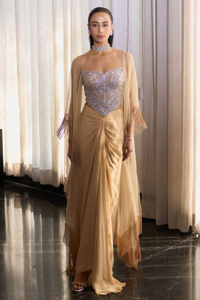 Ohaila Khan Nude crystal embellished cape skirt set OHAIJUN26D146539