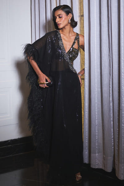 Ohaila Khan Black bead embellished ruffle sari set OHAIJUN26D146545