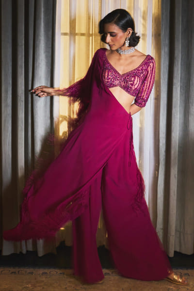 Ohaila Khan Magenta sequin embroidered concept sari set OHAIJUN26D146546