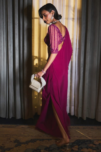 Ohaila Khan Magenta sequin embroidered concept sari set OHAIJUN26D146546