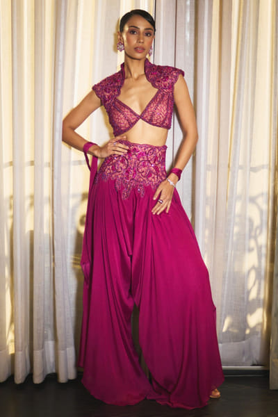 Ohaila Khan Magenta pearl embellished top and pant set OHAIJUN26D146547