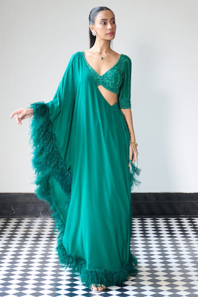 Ohaila Khan Green sequin embroidered concept sari set OHAIJUN26D146548