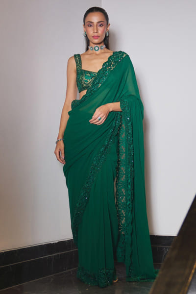 Ohaila Khan Green crystal embellished concept sari set OHAIJUN26D146549