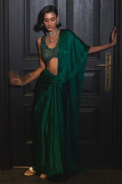 Ohaila Khan Emerald green pearl embellished drape sari set OHAIJUN26D146550