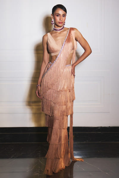 Ohaila Khan Nude crystal embellished drape sari set OHAIJUN26D146554