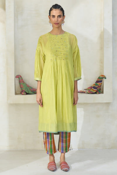 Lime green chanderi embroidered kurta
