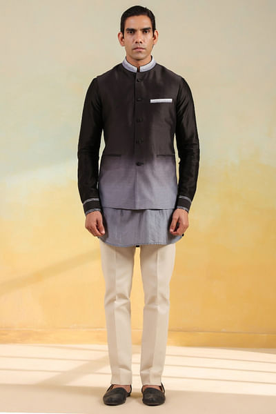 Black and grey ombre hand-dye bandi kurta set