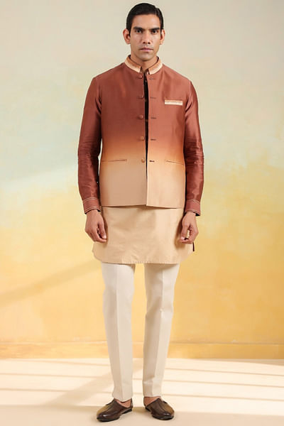 Brown and beige ombre hand-dye bandi kurta set
