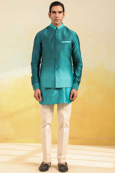 Teal blue ombre hand-dyed bandi kurta set