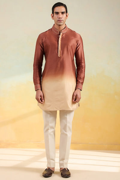 Brown and beige ombre hand-dyed kurta