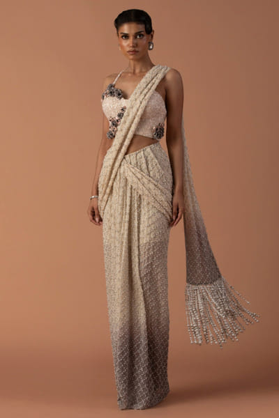 Mint embellished pre-draped sari set