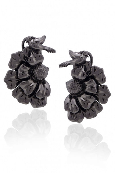 Gunmetal half floral earrings