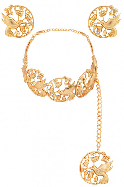 Matte gold choker necklace and earrings