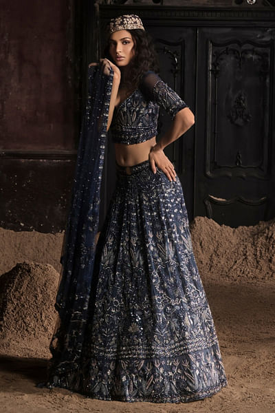Navy blue thread embroidered lehenga set
