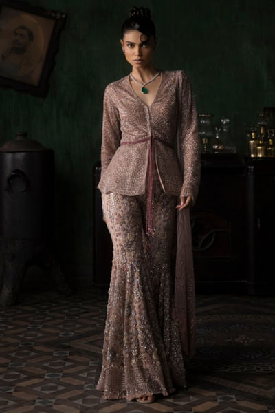 Burnt pink 3D embroidered jacket sharara set