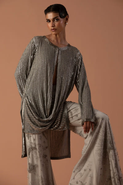 sequin embroidered cowl jacket set