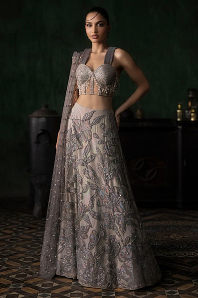 Grey applique embroidered corset lehenga set