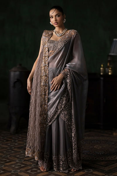 Grey embellished pant sari set