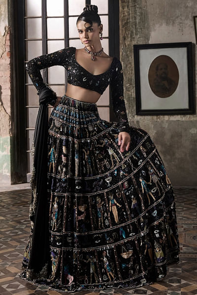 Black Egyptian motif embellished lehenga set