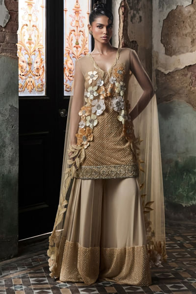 Beige grid embellished sharara set