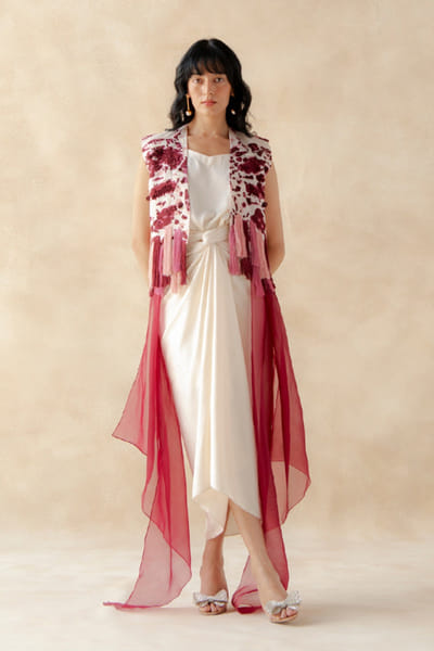 Richa Khemka Wine and white embroidered jacket dress RICHJUL26D149129