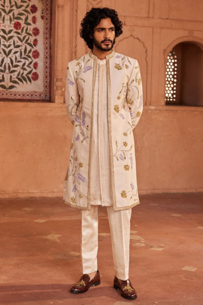 Ivory floral hand-painted open sherwani set