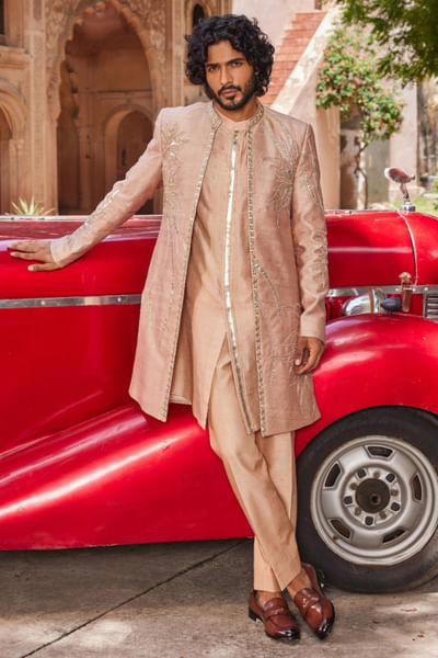 Rose brown leather applique open sherwani set