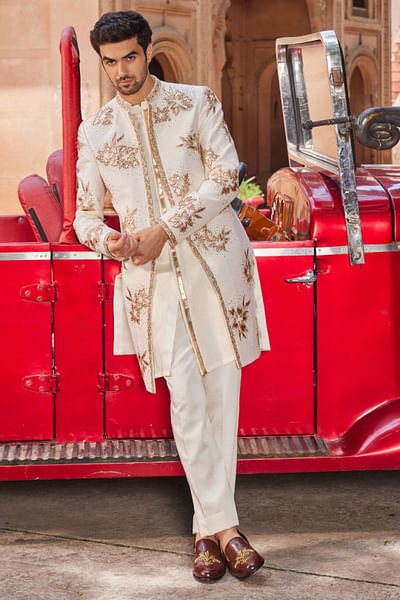Ivory leather patchwork open sherwani set