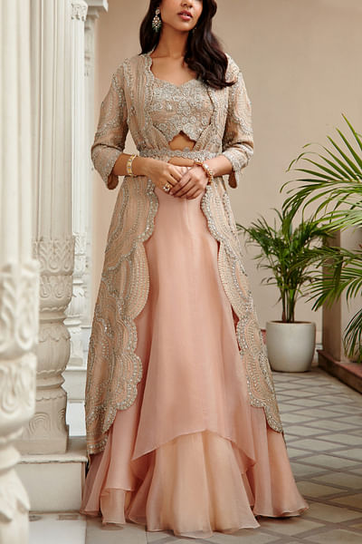 Rose pink embroidered jacket skirt set