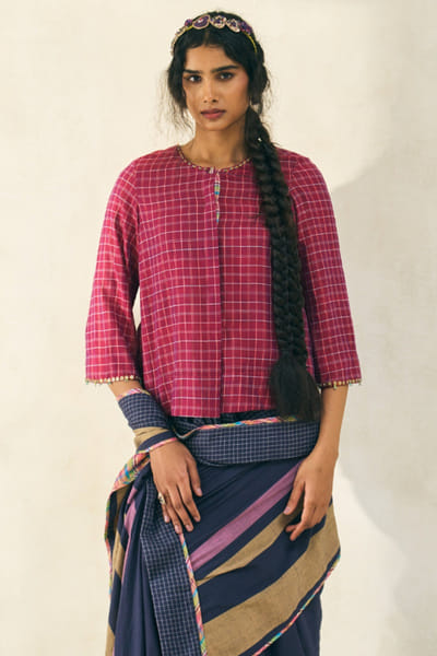 Pink check beaded cotton top