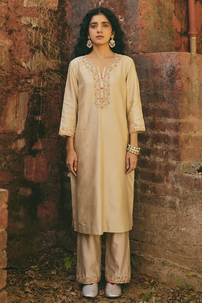 Rashika Mittal Champagne gold floral embroidered kurta set RASHJUN26D146595