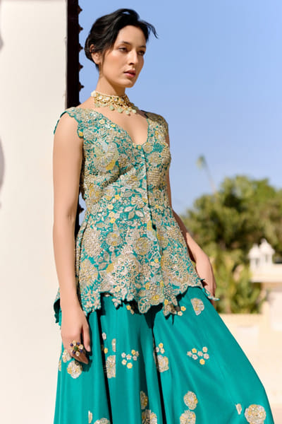 Pine green embroidered sharara set