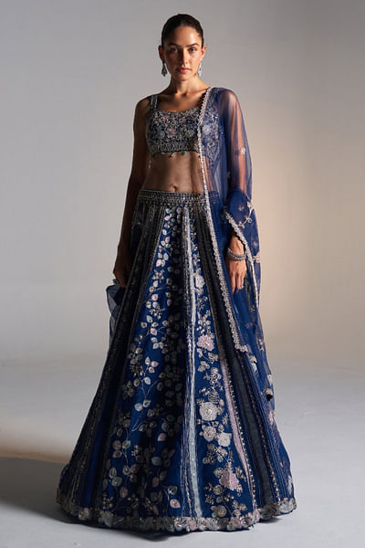 Midnight blue floral appliqued lehenga set