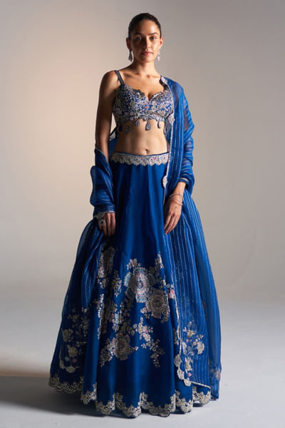 Jade blue floral embroidered lehenga set