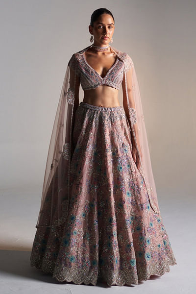 Camellia pink floral appliqued lehenga set