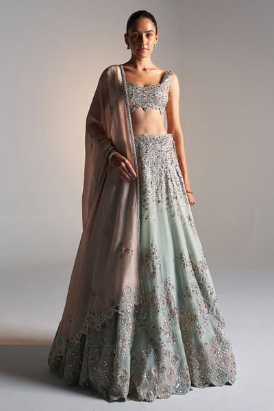 Smoke blue floral embroidered lehenga set