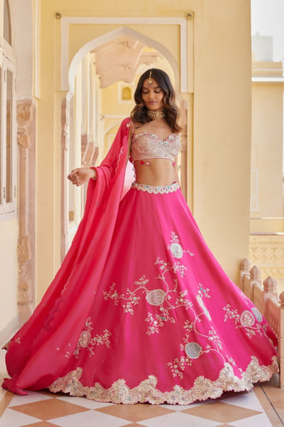 Dark fuchsia floral embroidered lehenga set