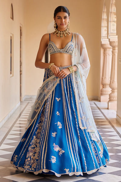 Jade blue floral embroidered lehenga set