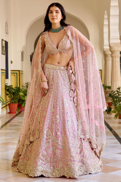 Rosaline pink hand-embroidered lehenga set