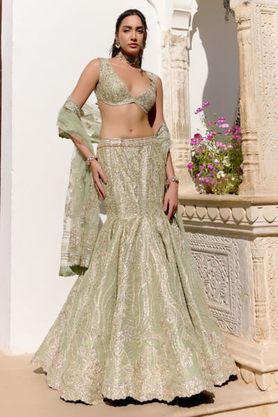 Sage green hand embroidery fishcut lehenga set