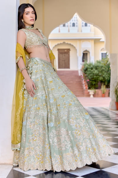 Sage green hand embroidered lehenga set