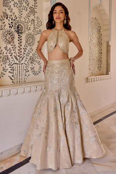 Frost champagne embroidery fishcut lehenga set